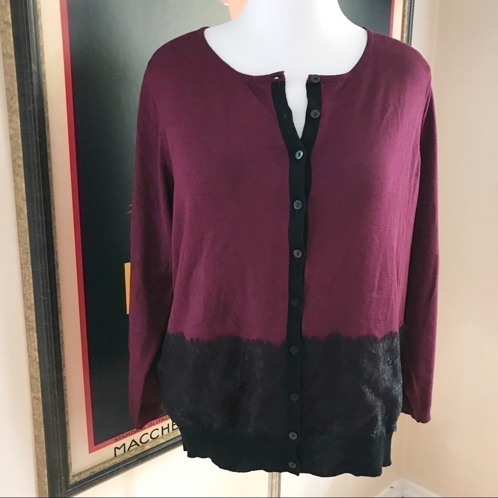 one A:Merlot Button Up Cardigan with Black Lace 1X